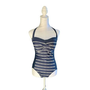 Merona Women’s Navy White One Piece Swimsuit‎ Nautical Rope Halter Size Medium